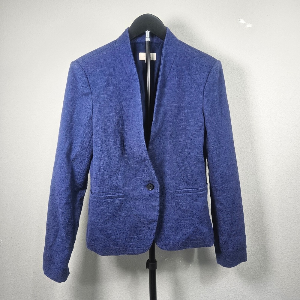 LOFT Blazer Women 4 Blue Textured Single Button Professional Dark Academia